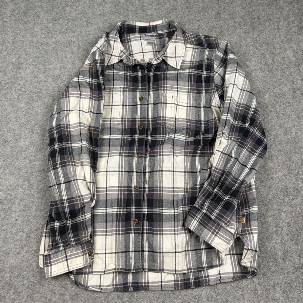 Carhartt Button Down Shirt Boys XL 16/18 Gray White Plaid‎ Flannel Workwear Y2K